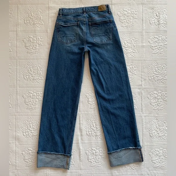AE Stretch High-Waisted Stovepipe Cuffed Denim Jean Wide Leg Medium Wash 0R - Picture 7 of 16